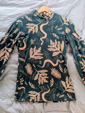 Green & Gold Botanical Print Long Bishop Sleeve Top